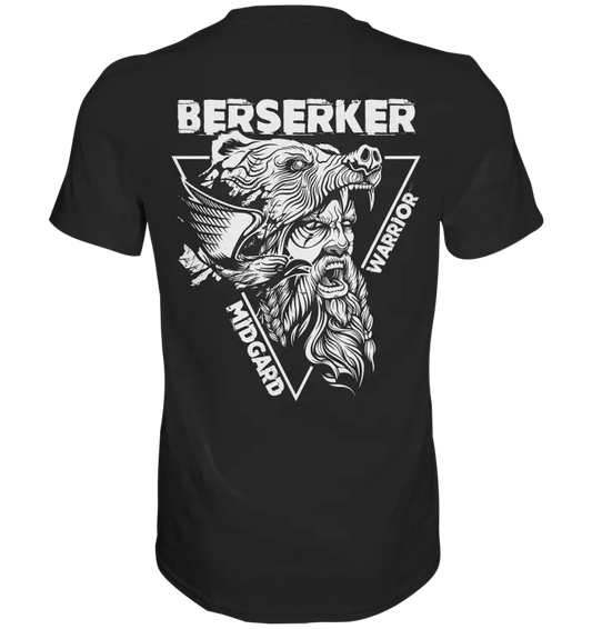 Schwarzes Berserker Midgard Warrior T-Shirt Rückseite mit kleinem Donnerwolf Logo