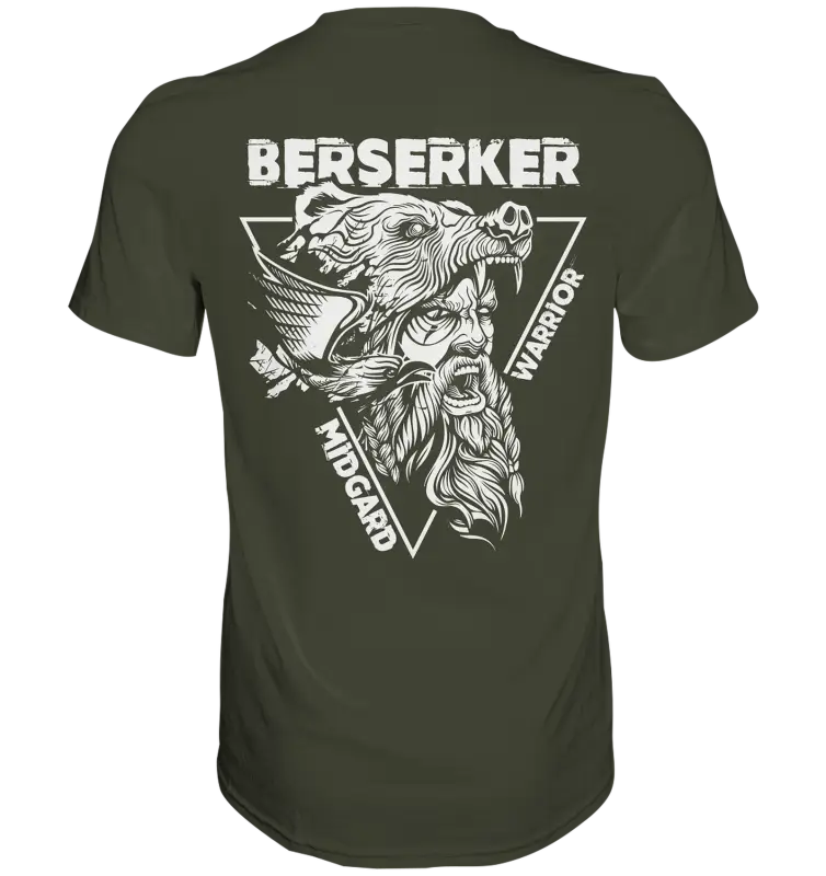 Olivgrünes Berserker Midgard Warrior T-Shirt Rückseite mit kleinem Donnerwolf Logo