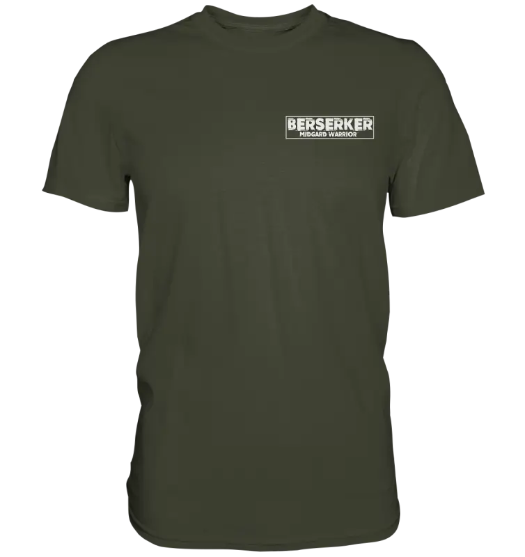 Olivgrünes Berserker Midgard Warrior T-Shirt Vorderseite mit Wolf-Motiv und Schriftzug