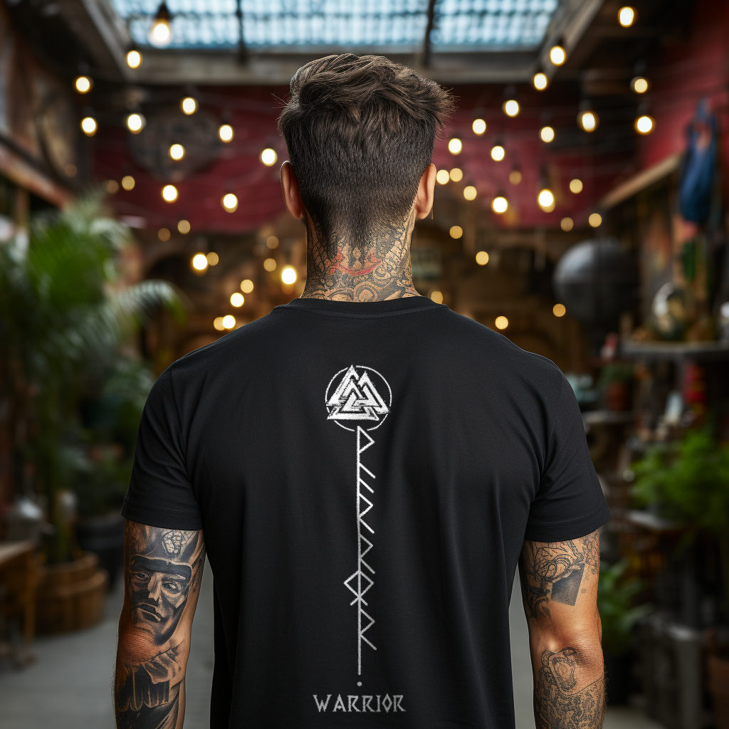 ONNERWOLF Hero Banner | Mann mit Wikinger T-Shirt und Valknut-Motiv im Rücken vor rustikalem Hintergrund