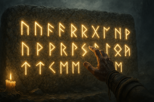 Wikinger Runen Futhark Alphabet - 24 mystische Runenzeichen in Stein gemeißelt mit goldener Beleuchtung. Ultimativer Guide zur Findung der persönlichen Geburtsrune.