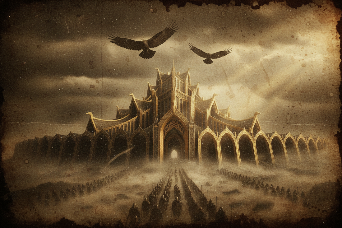 Valhalla Mythos Illustration – Einherjar-Krieger vor Odins goldener Halle mit Raben und Nebelmeer, nordische Mythologie erklärt
