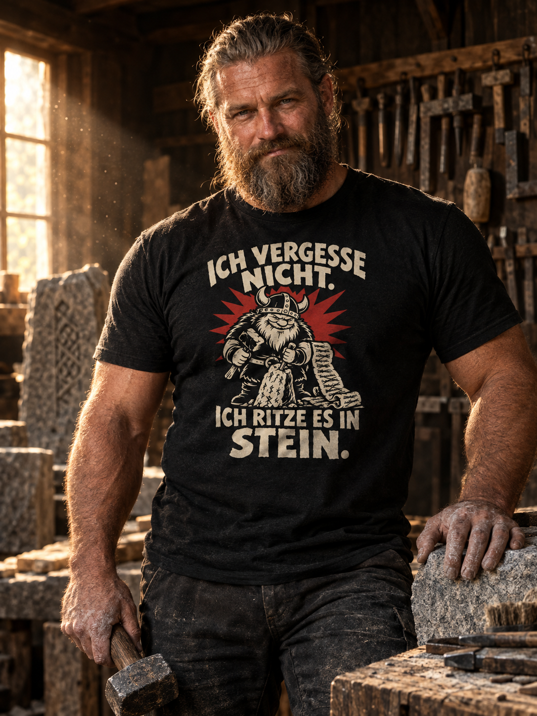 Bärtiger Mann in einer Steinmetz-Werkstatt trägt das schwarze Ich vergesse nicht Wikinger Shirt, in der Hand einen Fäustel