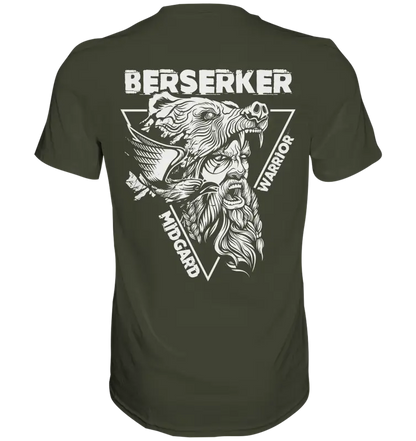 Olivgrünes Berserker Midgard Warrior T-Shirt Rückseite mit kleinem Donnerwolf Logo