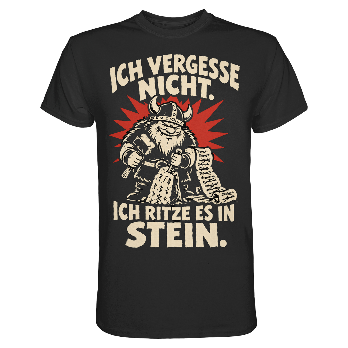 Lustiges Wikinger Shirt Ich vergesse nicht, Frontansicht in Schwarz mit rotem Strahlenkranz