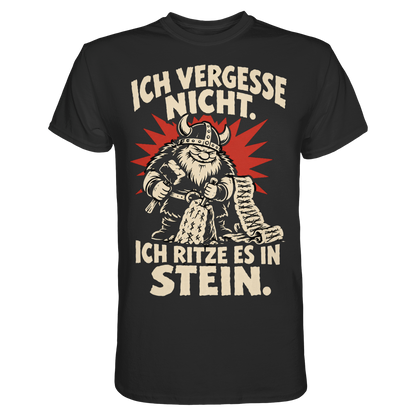 Lustiges Wikinger Shirt Ich vergesse nicht, Frontansicht in Schwarz mit rotem Strahlenkranz