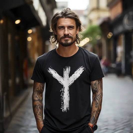 Wikinger Premium Shirt mit Algiz-Rune – Hochwertiges Herren T-Shirt mit Nordischer Schutzrune - Unisex-Shirts